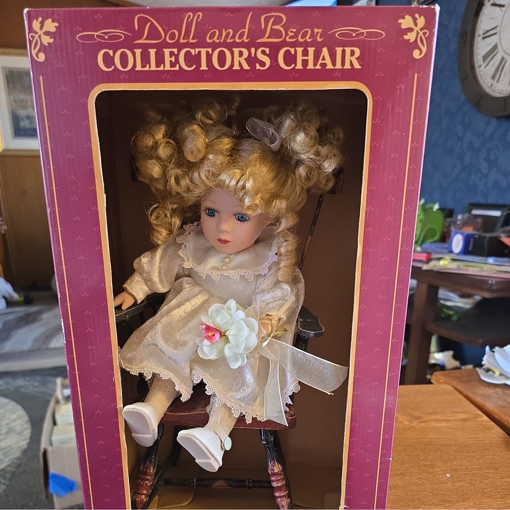Vintage Hand Made Doll and Bear Collector's Chair with Porcelain Doll Attached
